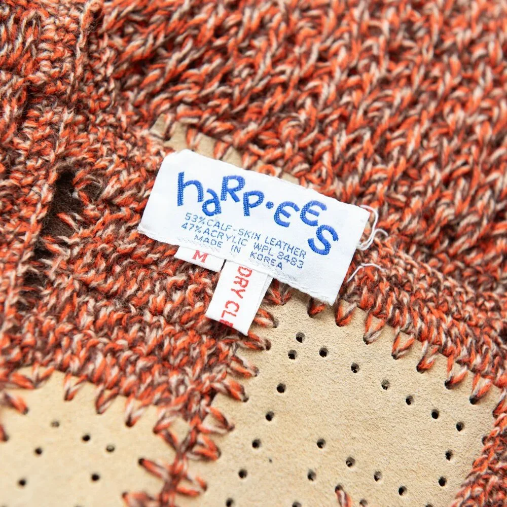 Harpees Vest Vintage Leather Knit 70s Patchwork Knit Brown Tan Rust Size Medium - Picture 3 of 4